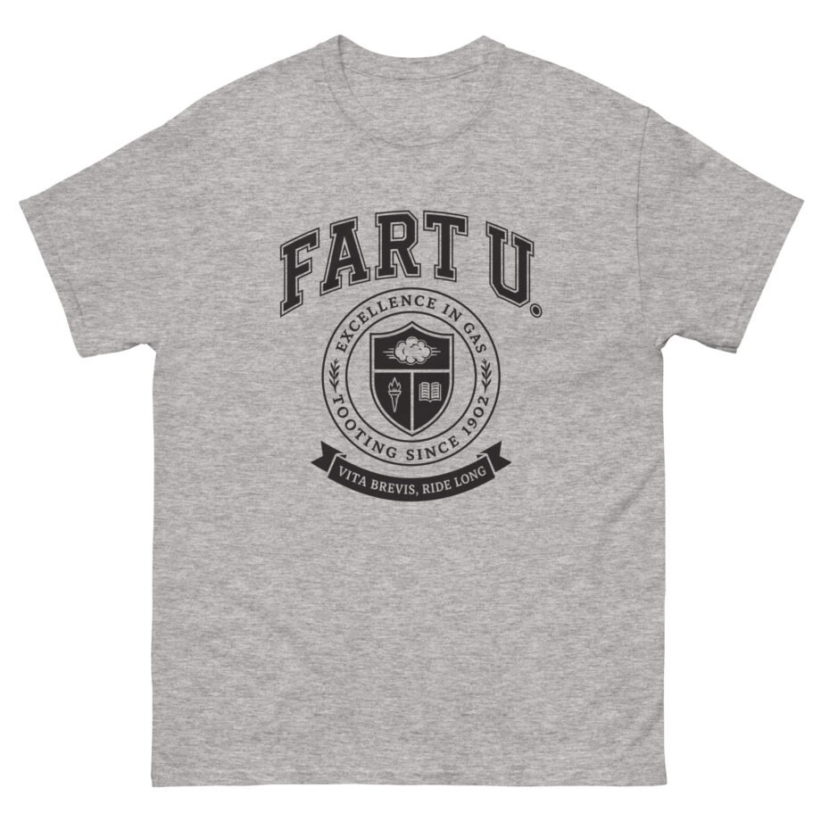 Fart U collegiate classic tee with varsity lettering and fake university crest